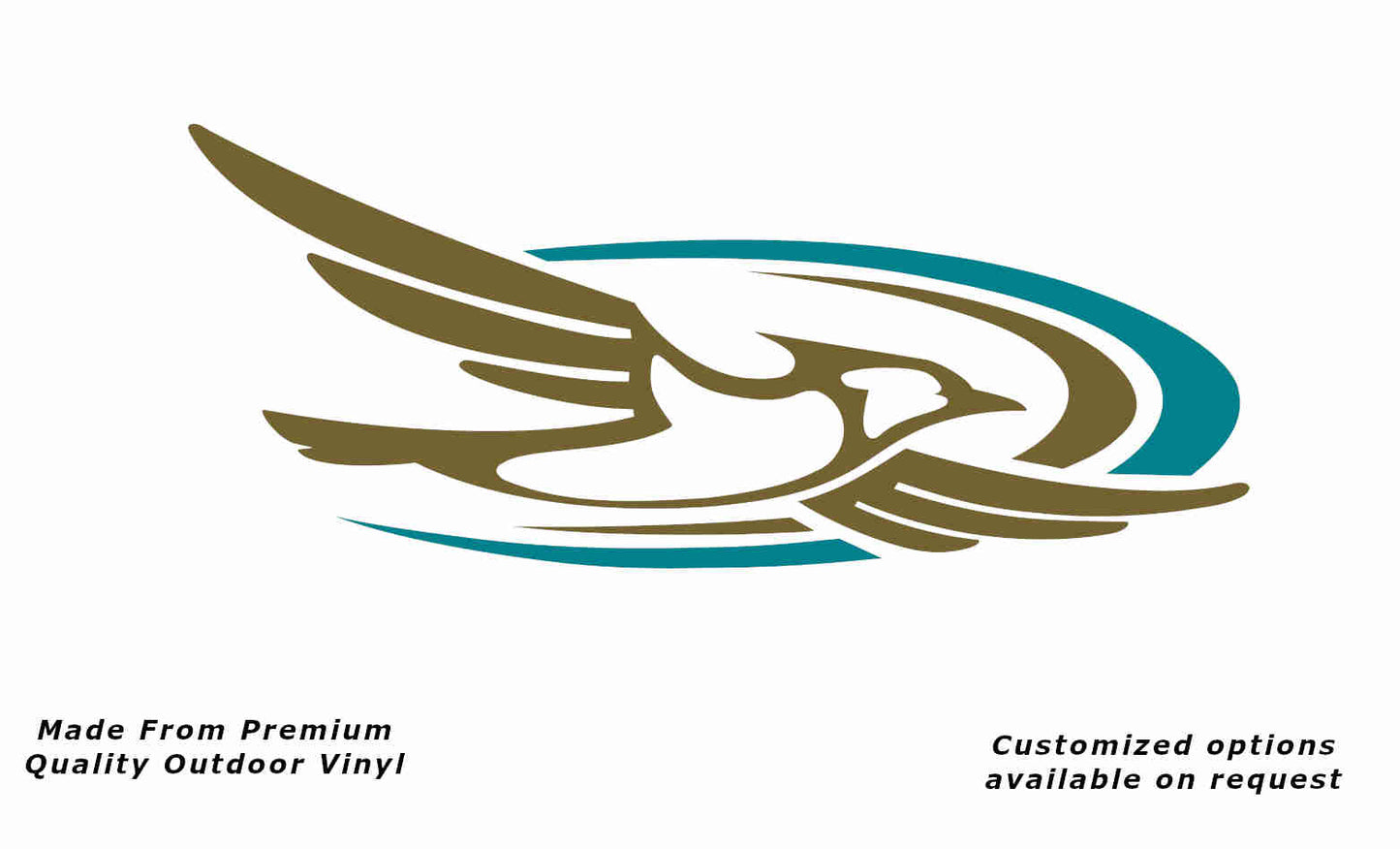 Jayco bird 2000-2010 right caravan replacement vinyl decal sticker in gold with a gold and turquoise blue crescent.