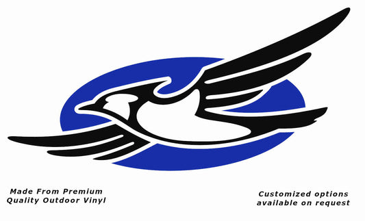 Jayco bird disc left caravan replacement vinyl decal sticker with a black bird and brilliant blue disc.