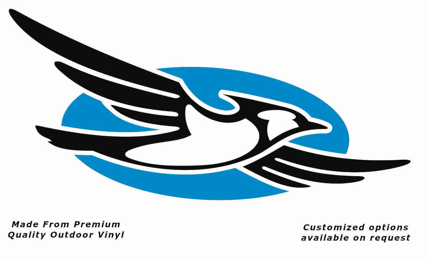 Jayco bird disc right caravan replacement vinyl decal sticker with a black bird and light blue disc.