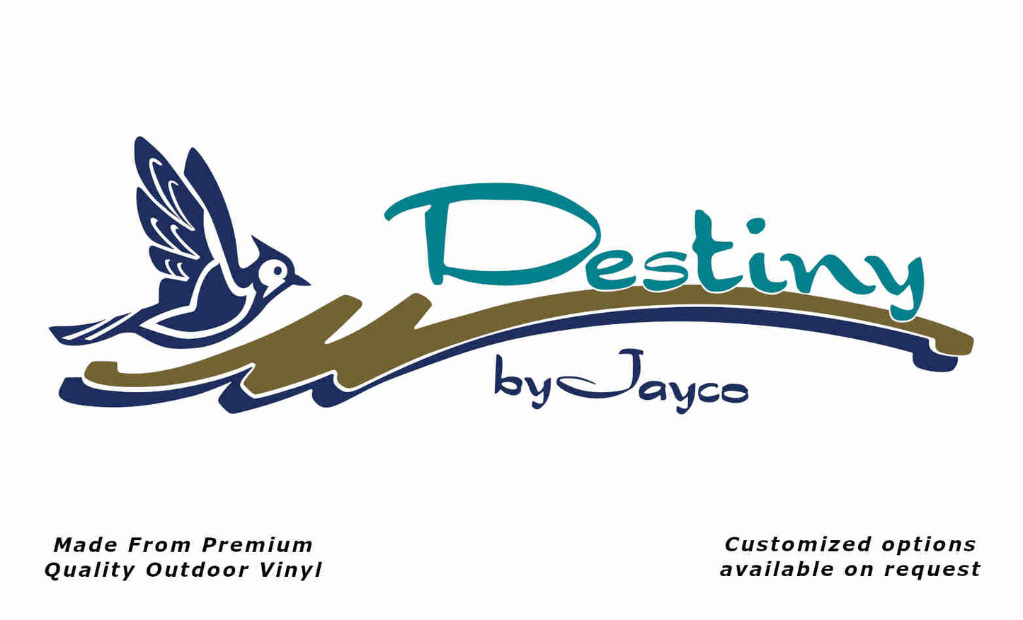 Destiny by jayco caravan replacement vinyl decal sticker in dark blue, gold and turquoise blue.