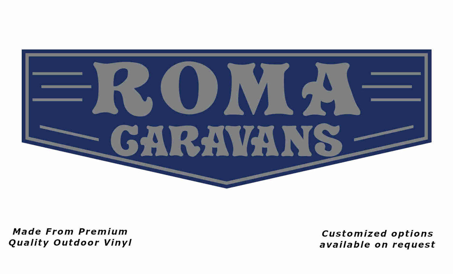 Roma caravans replacement vinyl decal in metallic silver and dark blue.